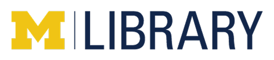 Signature horizontal M Library logo with a maize block M and Library presented in blue text