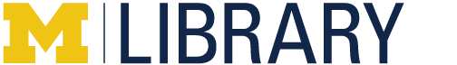 Signature horizontal M Library logo with a maize block M and Library presented in blue text